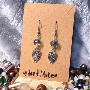 Gray Bead Cute Owl Handmade Earrings